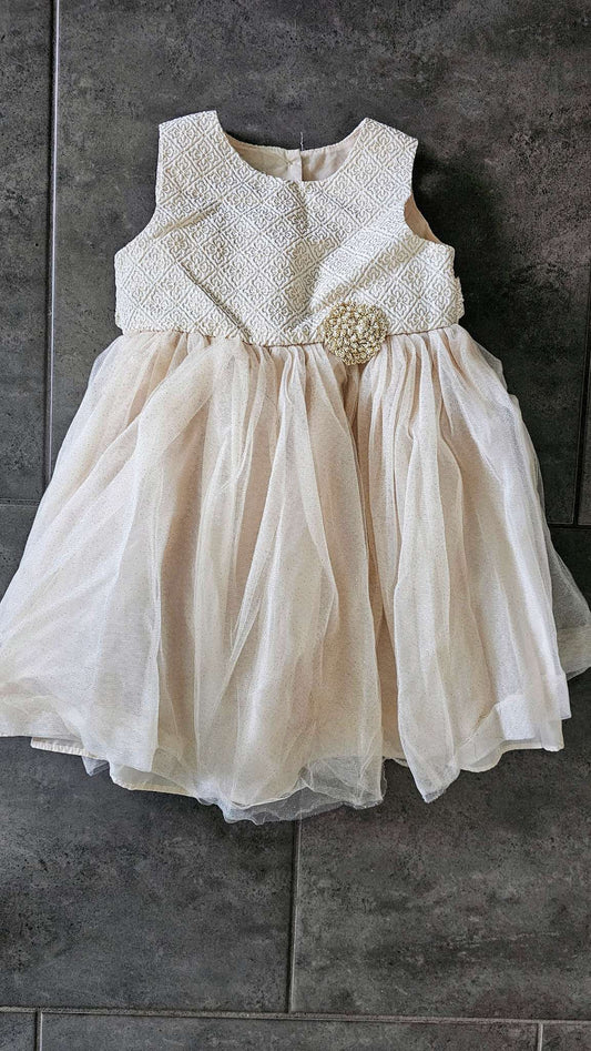 Marmellata Cream Tulle Party Dress with Beaded Flower – (Size 2), Kids 2T