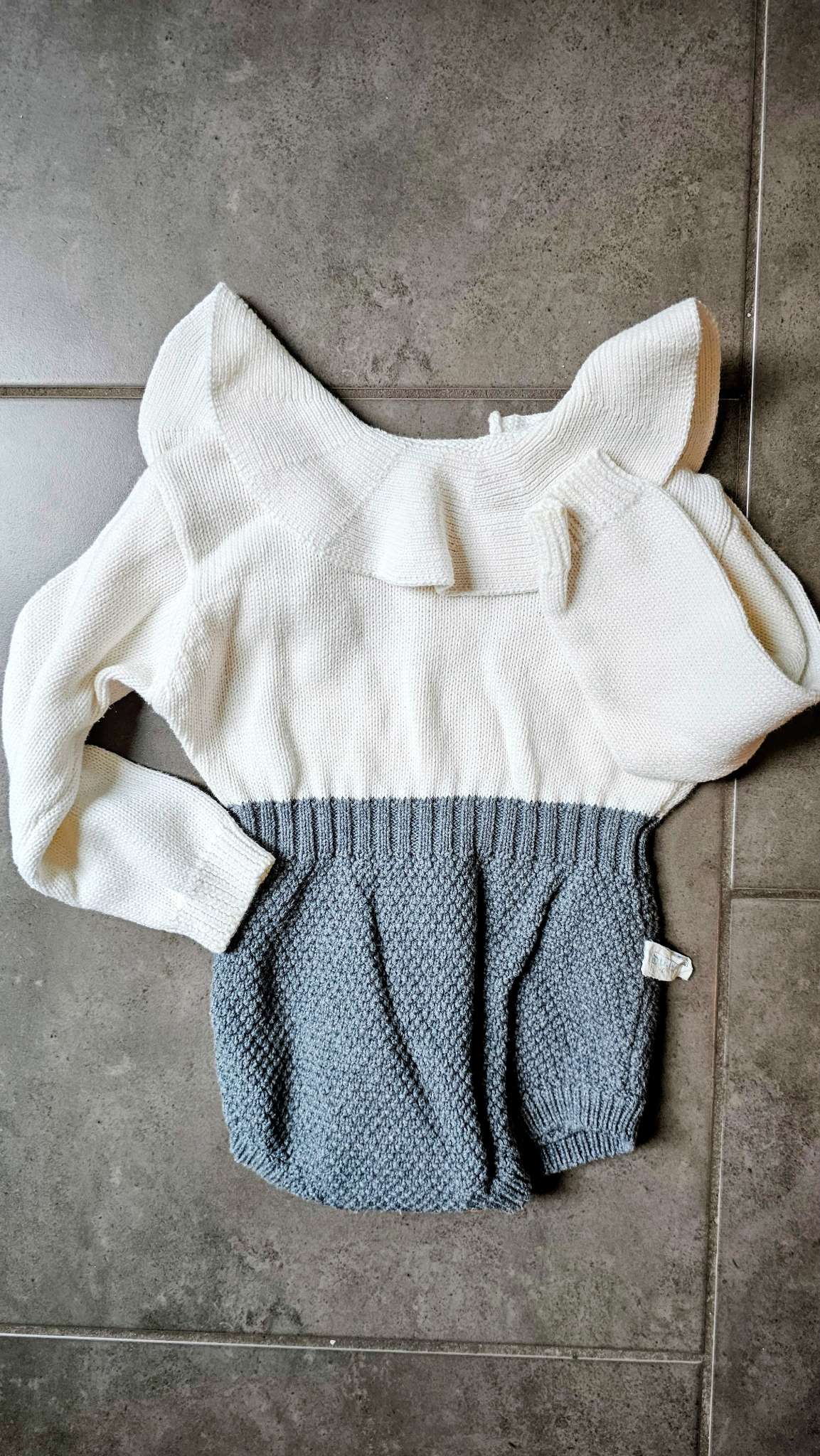 White & Grey Ruffle Knit Onesie – 12 Months, Kids 12 Month (9-12M)