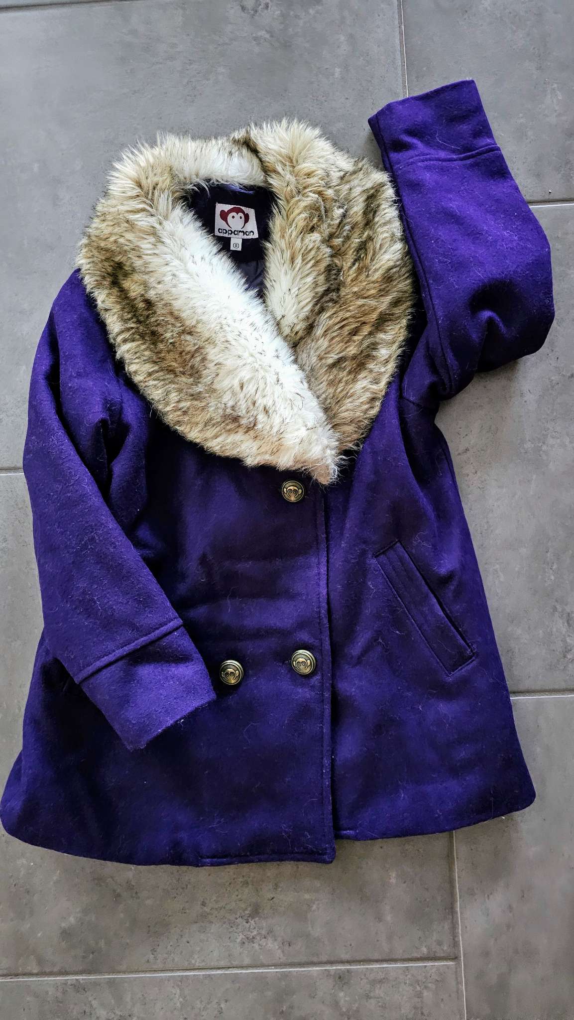 Appaman Girls Purple Faux Fur Collar Coat - size 7, Kids 7