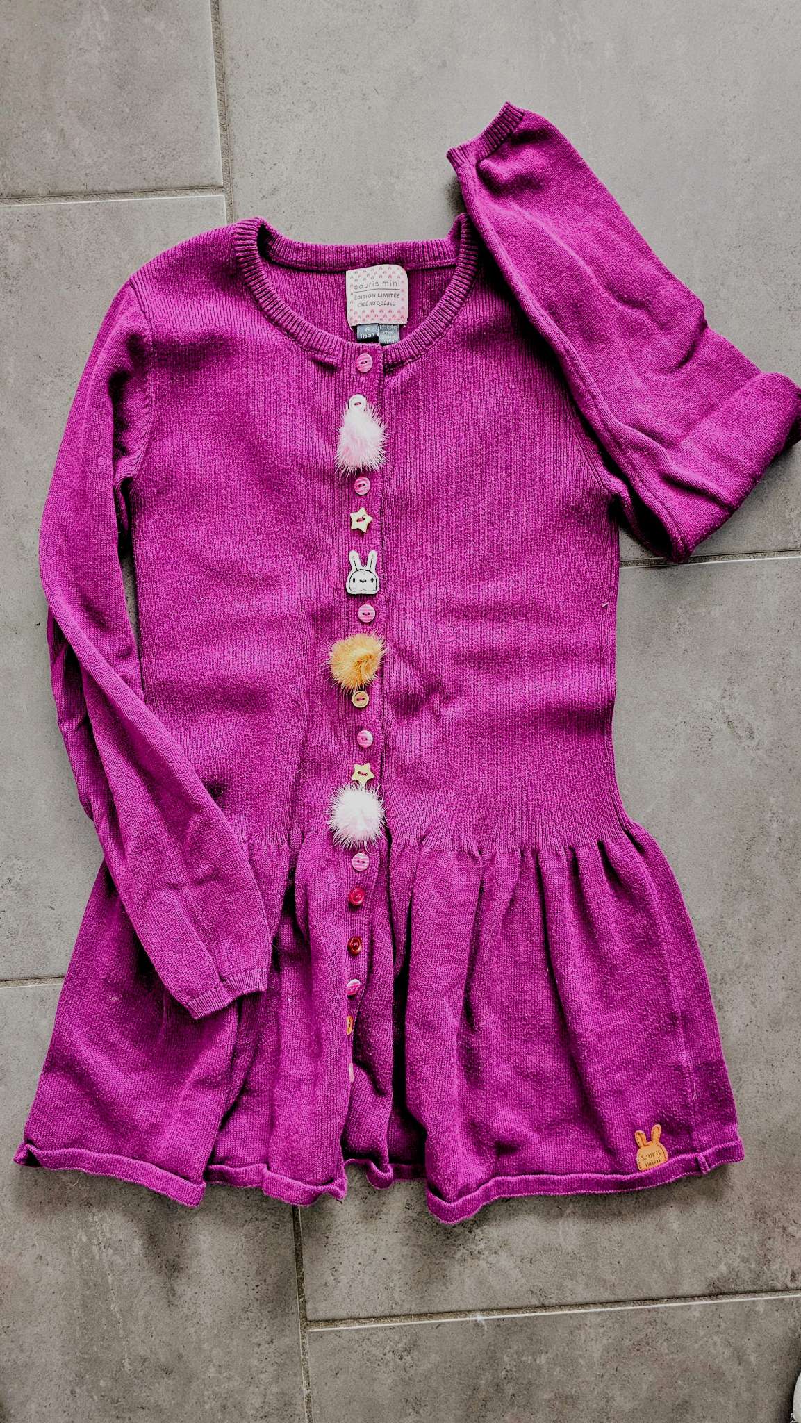 Souris Mini Magenta Decorative Button Cardigan Dress – (Size 6), Kids 6/6X