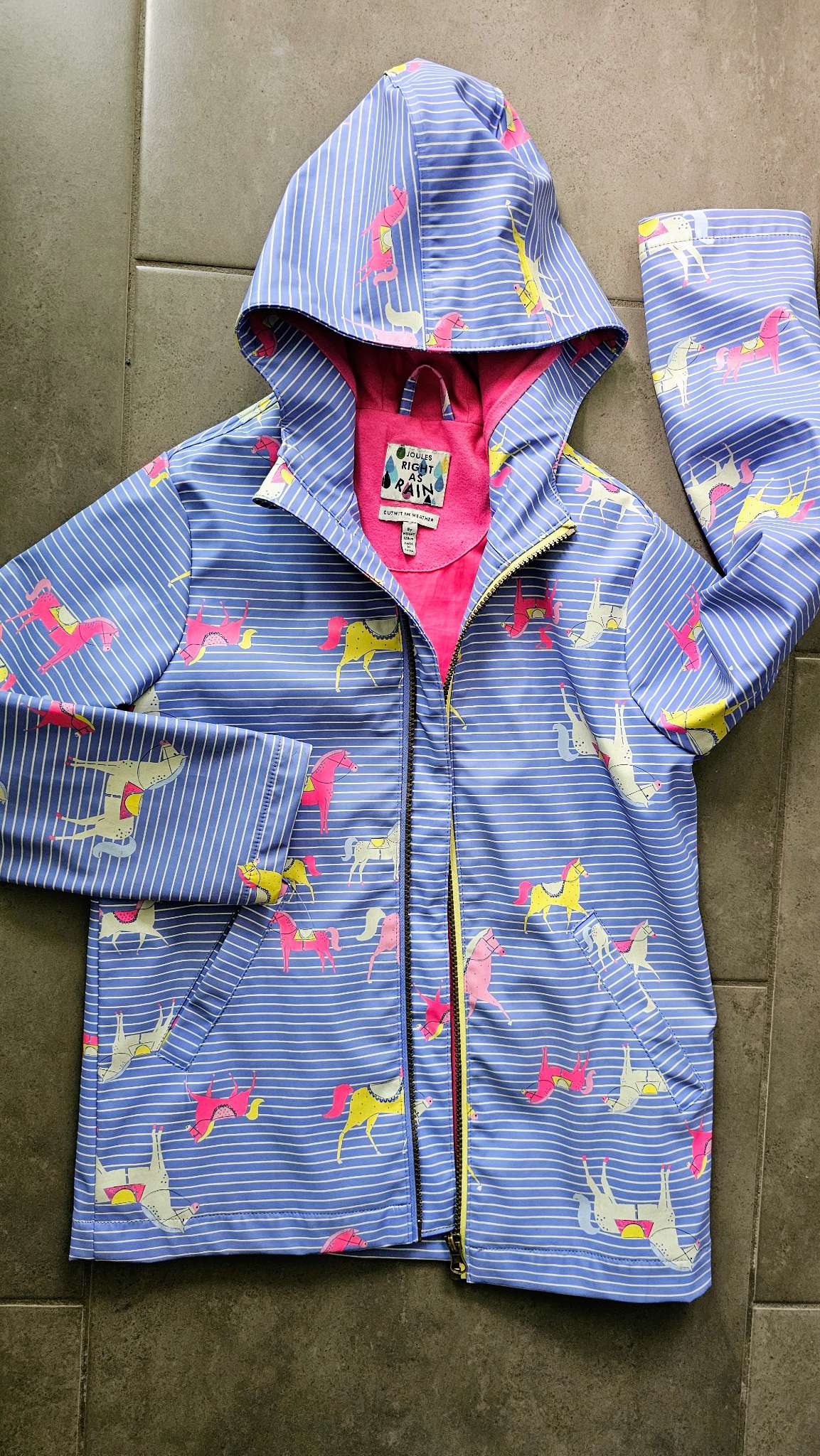 Joules Right as Rain Blue Horse Print Rain Jacket – (Size 8), Kids 8