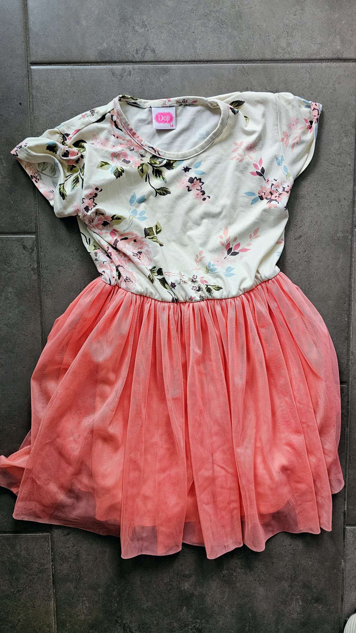 Daji Floral Top with Coral Tulle Skirt Dress – (Size 8), Kids 8