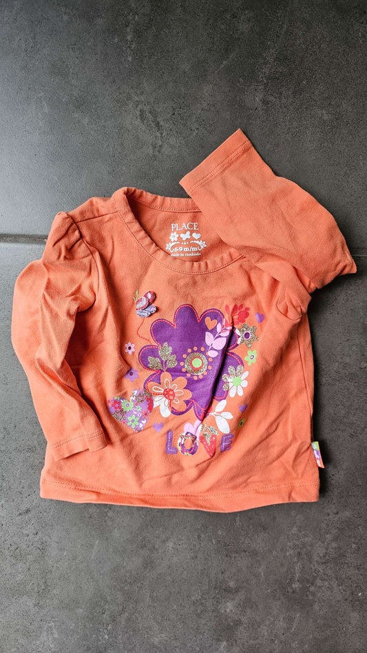 Children’s Place Orange “Love” Floral Shirt (6–9 Months), Kids 9 Month (6-9M)