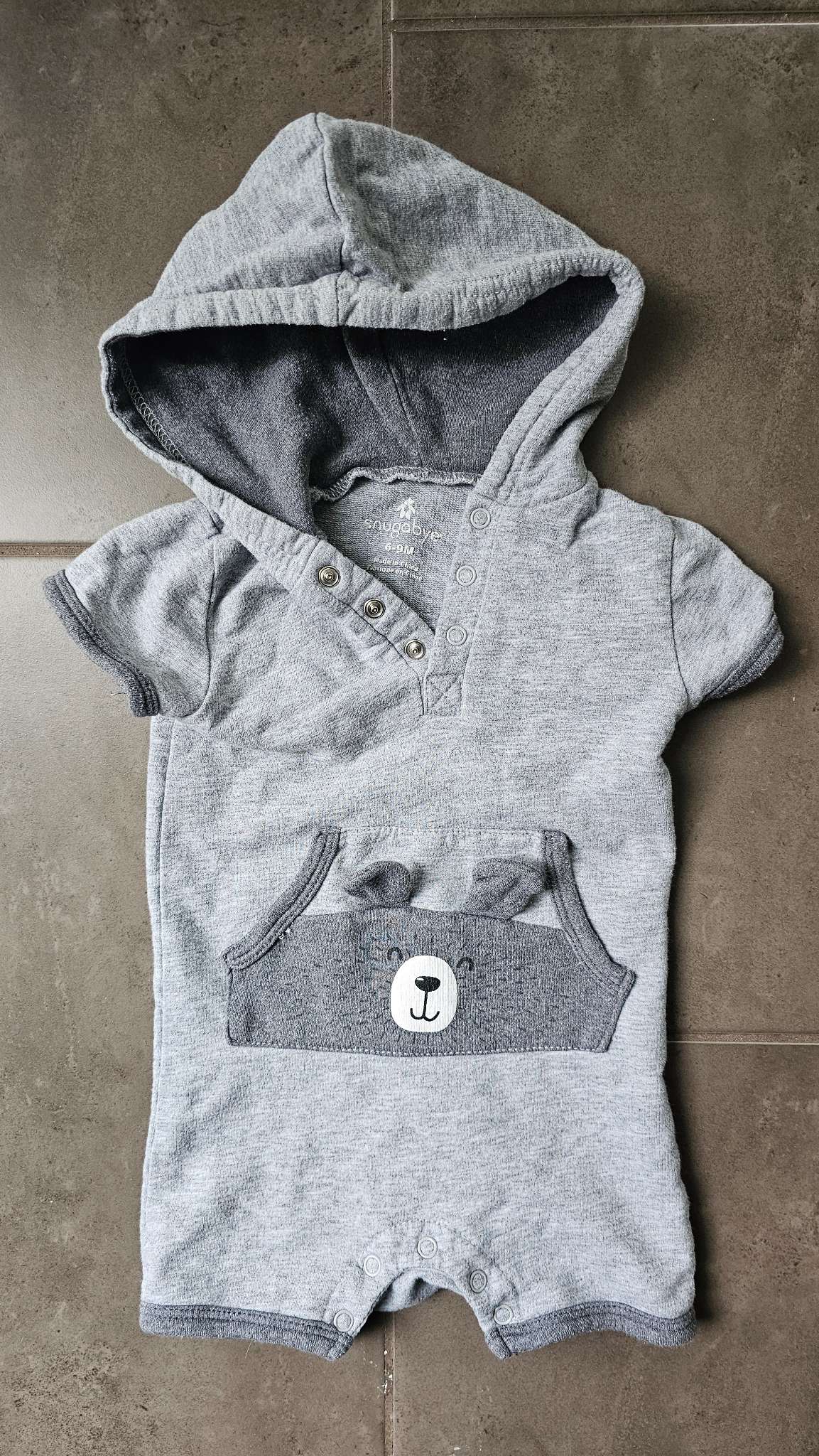 Snugabye Grey Bear Hooded Romper (6–9 Months), Kids 6 Month (3-6M)