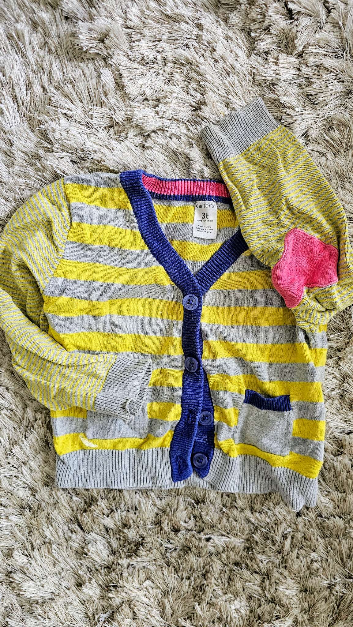 Carter’s Yellow Grey Stripe Cardigan 100% Cotton (Size 3), Kids 3T