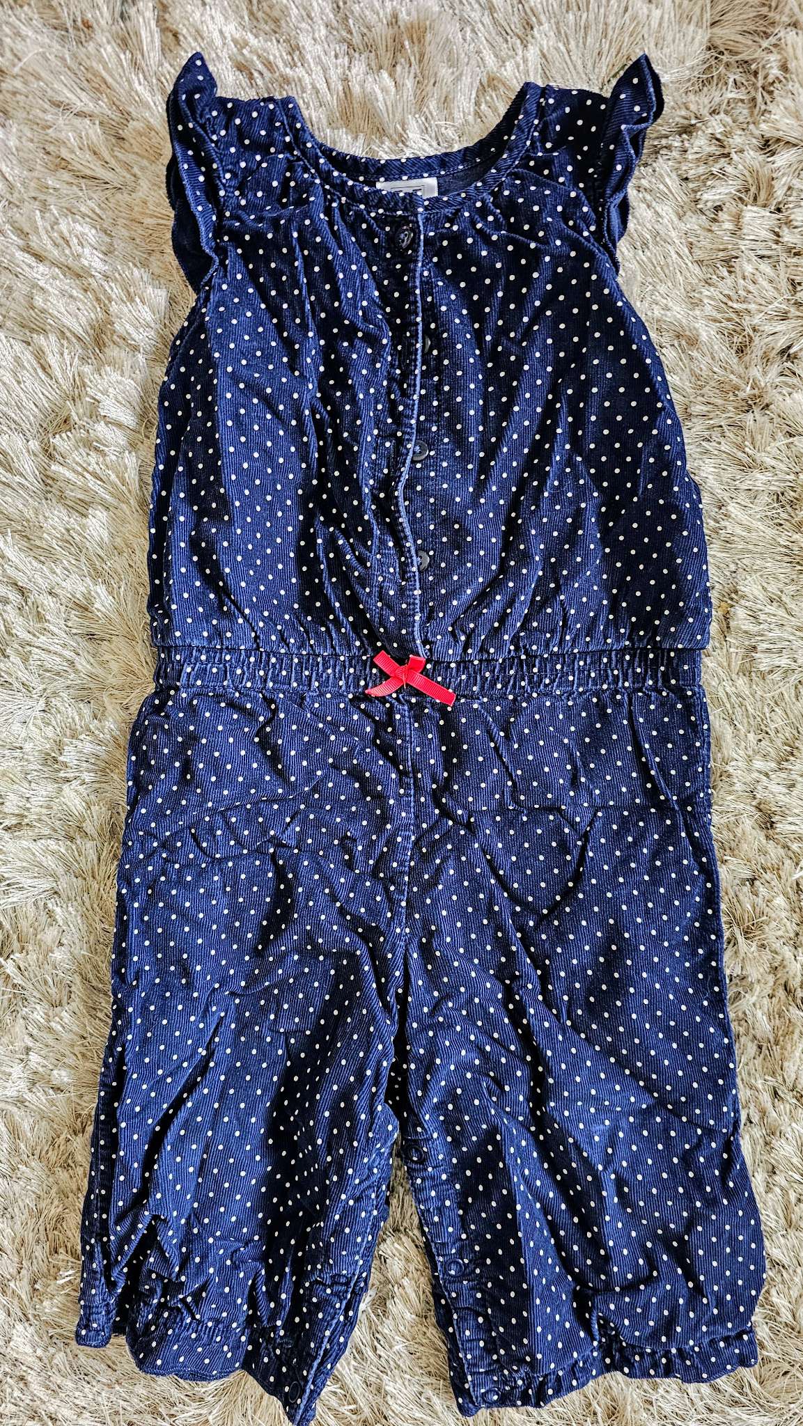 F&F Navy Polka Dot Corduroy Romper 100% Cotton (12 Months), Kids 12 Month (9-12M)