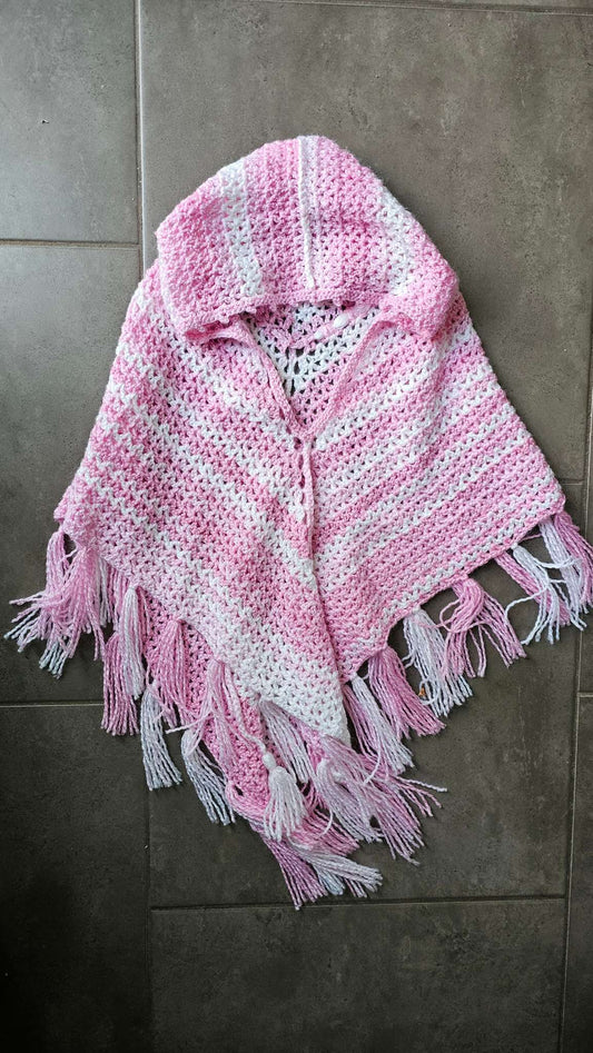 Pink White Crochet Fringe Poncho (Size 3), Kids 3T