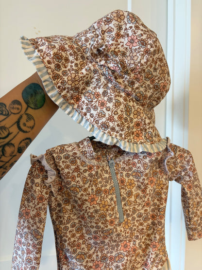 Long sleeve floral swim suit with matching sun hat, 12-18M, Kids 18 Month (12-18M)