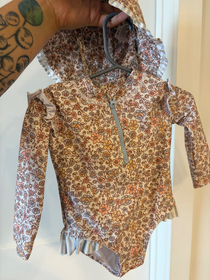Long sleeve floral swim suit with matching sun hat, 12-18M, Kids 18 Month (12-18M)