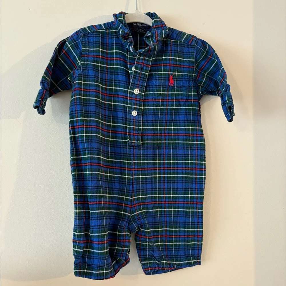 Vintage Ralph Lauren Blue Plaid Baby one piece button Outfit 3-6M 100% cotton, Kids 6 Month (3-6M)