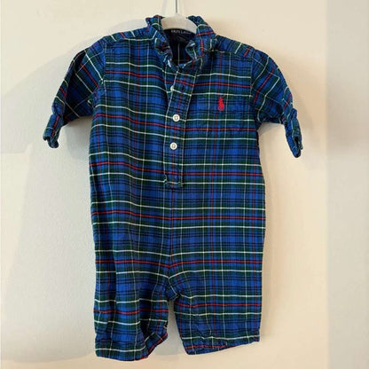 Vintage Ralph Lauren Blue Plaid Baby one piece button Outfit 3-6M 100% cotton, Kids 6 Month (3-6M)