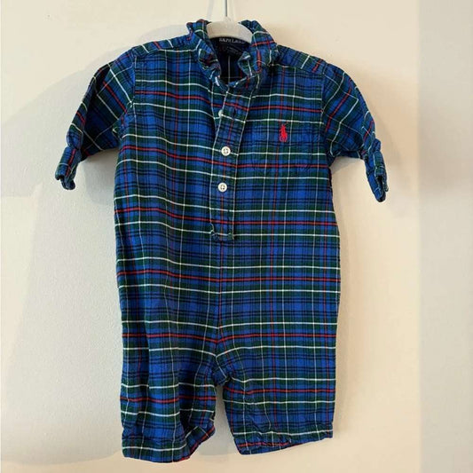 Vintage Ralph Lauren Blue Plaid Baby one piece button Outfit 3-6M 100% cotton, Kids 6 Month (3-6M)