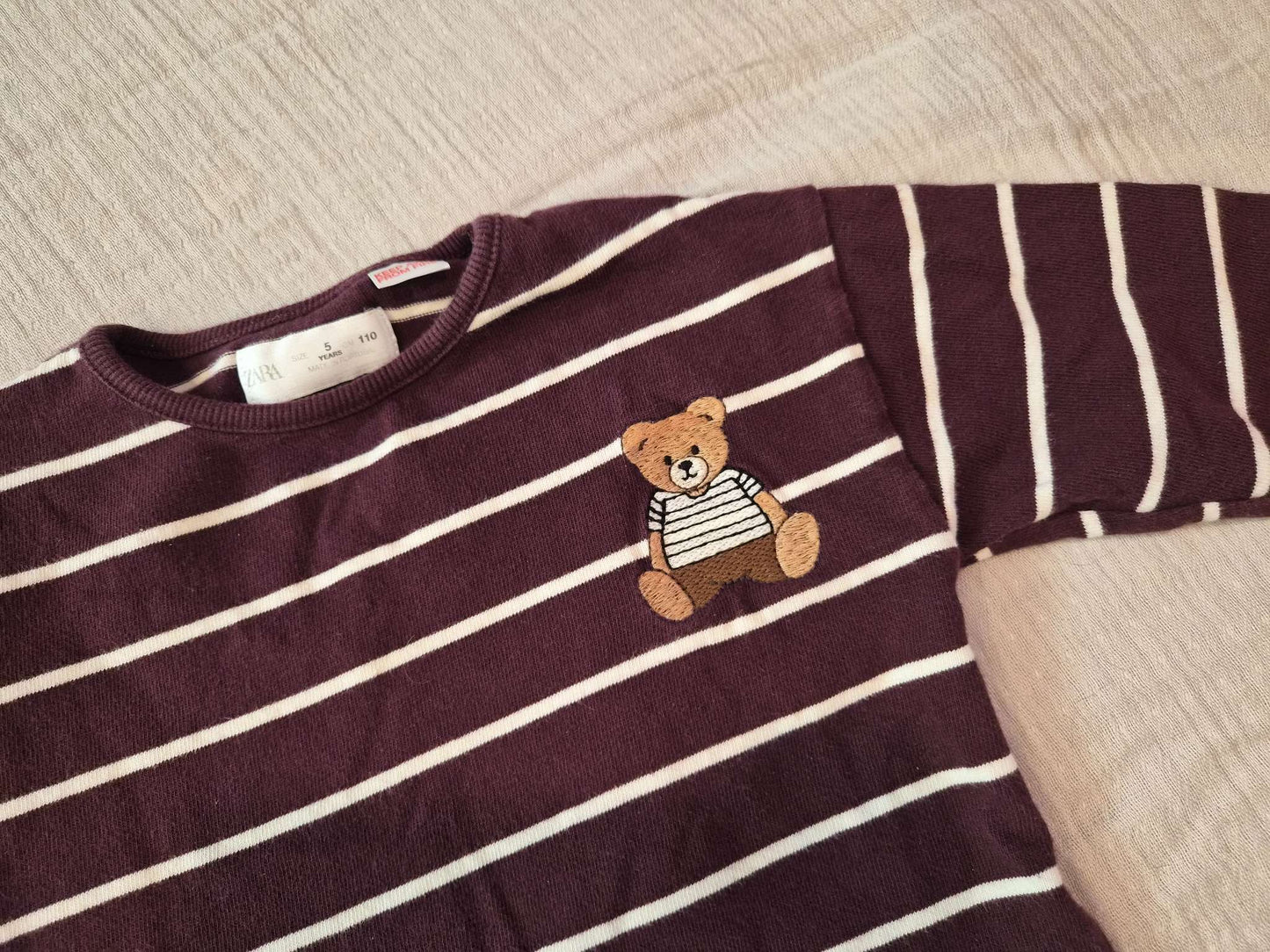 Size 5 (110 cm) - Zara Kids Striped Bear Embroidered Long Sleeve Shirt, Kids 5/5T