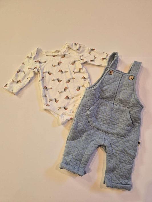 3M Baby Boy Quilted Blue Overalls and Dachshund Print Bodysuit Set, Kids 3 Month (0-3M)