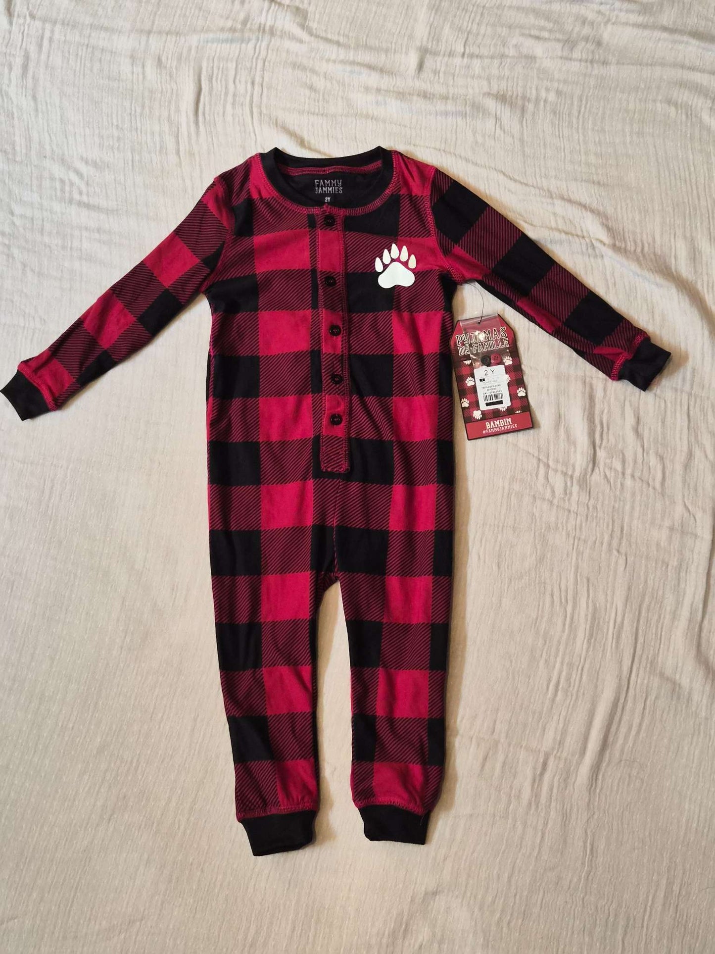 2Y NWT Fammy Jammies Urban Planet Toddler Red Buffalo Plaid Bear Paw Pajama Union Suit, Kids 2T