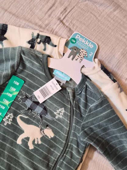 18M  NWT Pekkle Dinosaur Cotton Footed Sleepers 2-Pack, Kids 18 Month (12-18M)