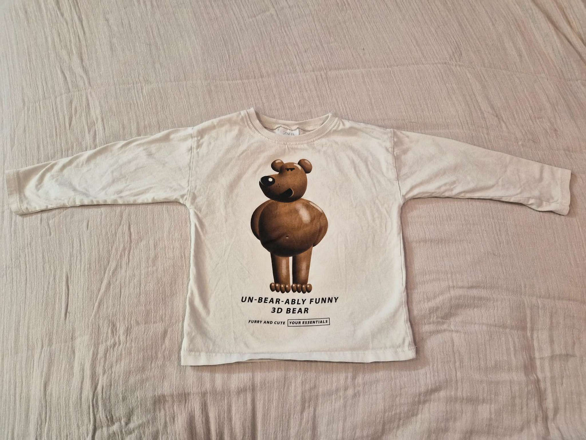 Size 3-4 Years (104 cm) - Zara Kids Off-White "Un-Bear-Ably Funny" Long Sleeve Shirt, Kids 3T