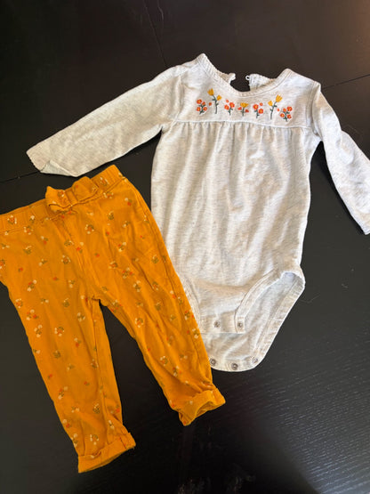 Carter's yellow grey floral outfit (girls, 6-9 month) , Kids 9 Month (6-9M)