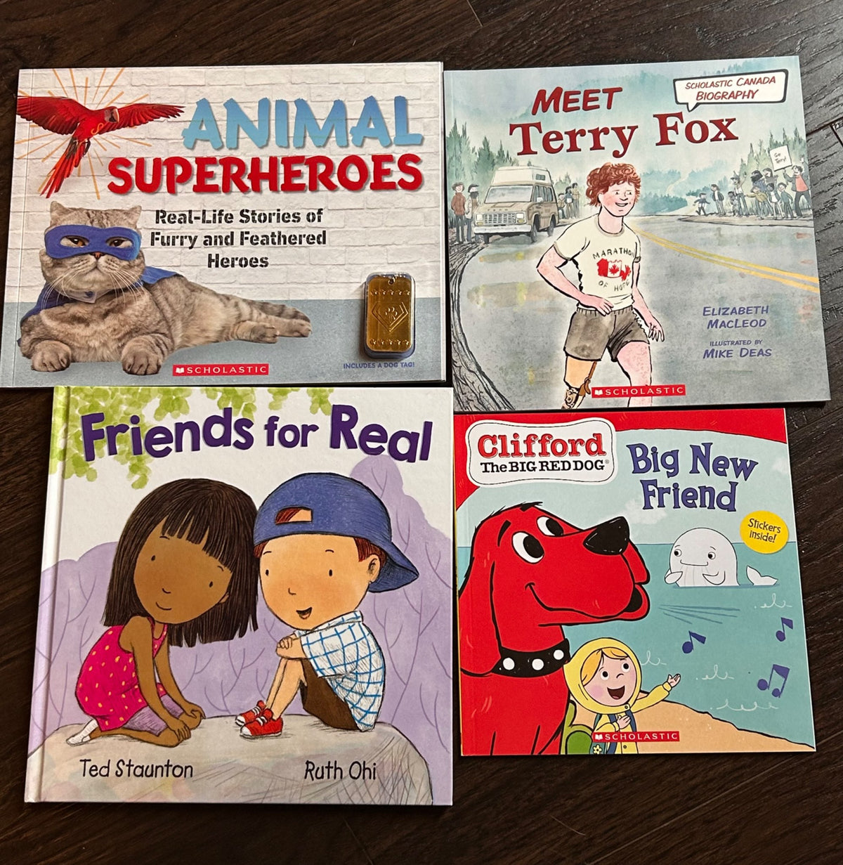 4 kids books - Animals, Clifford, Terry Fox, Friends