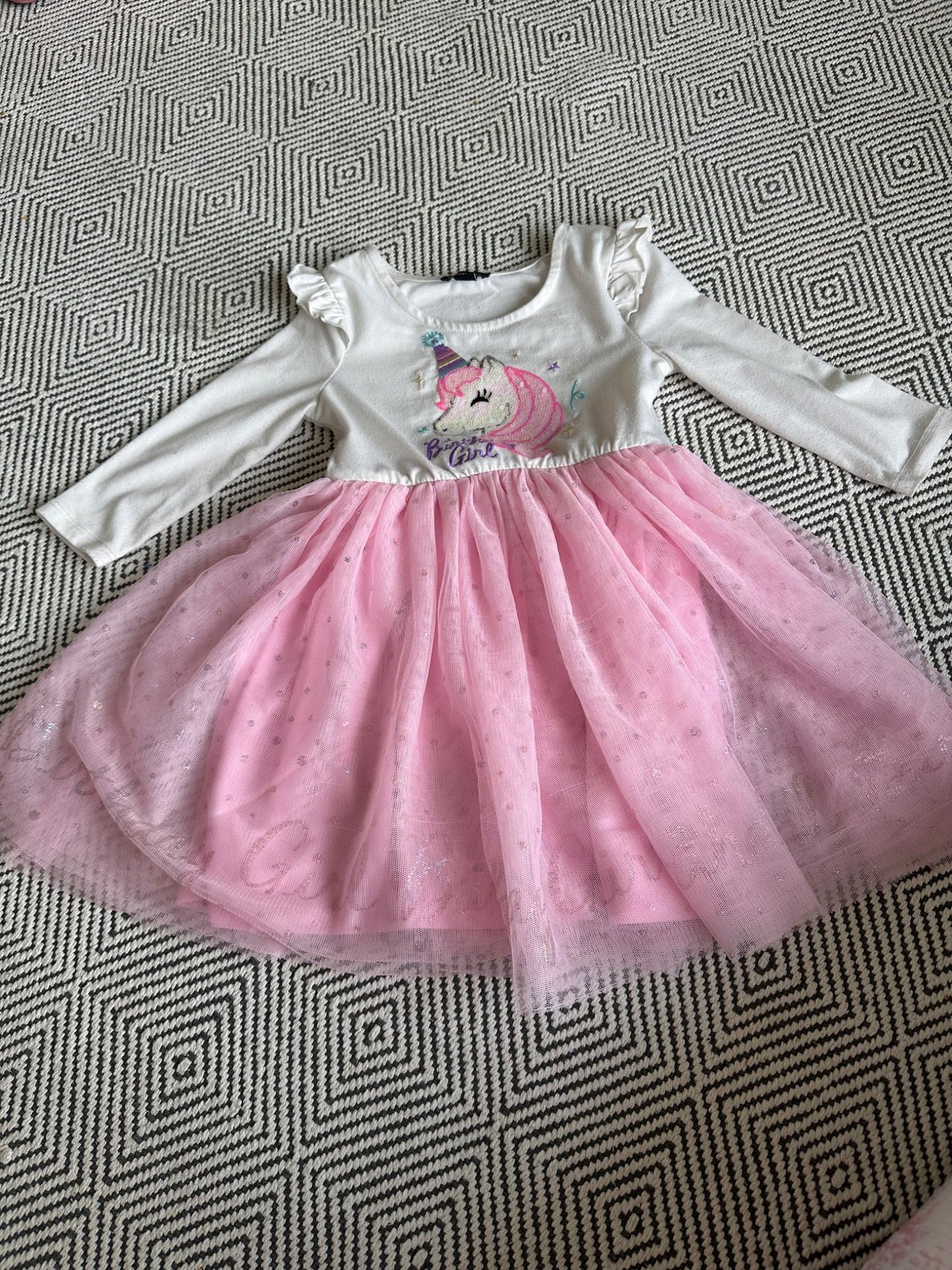 White and pink birthday girl unicorn dress, Kids 2T