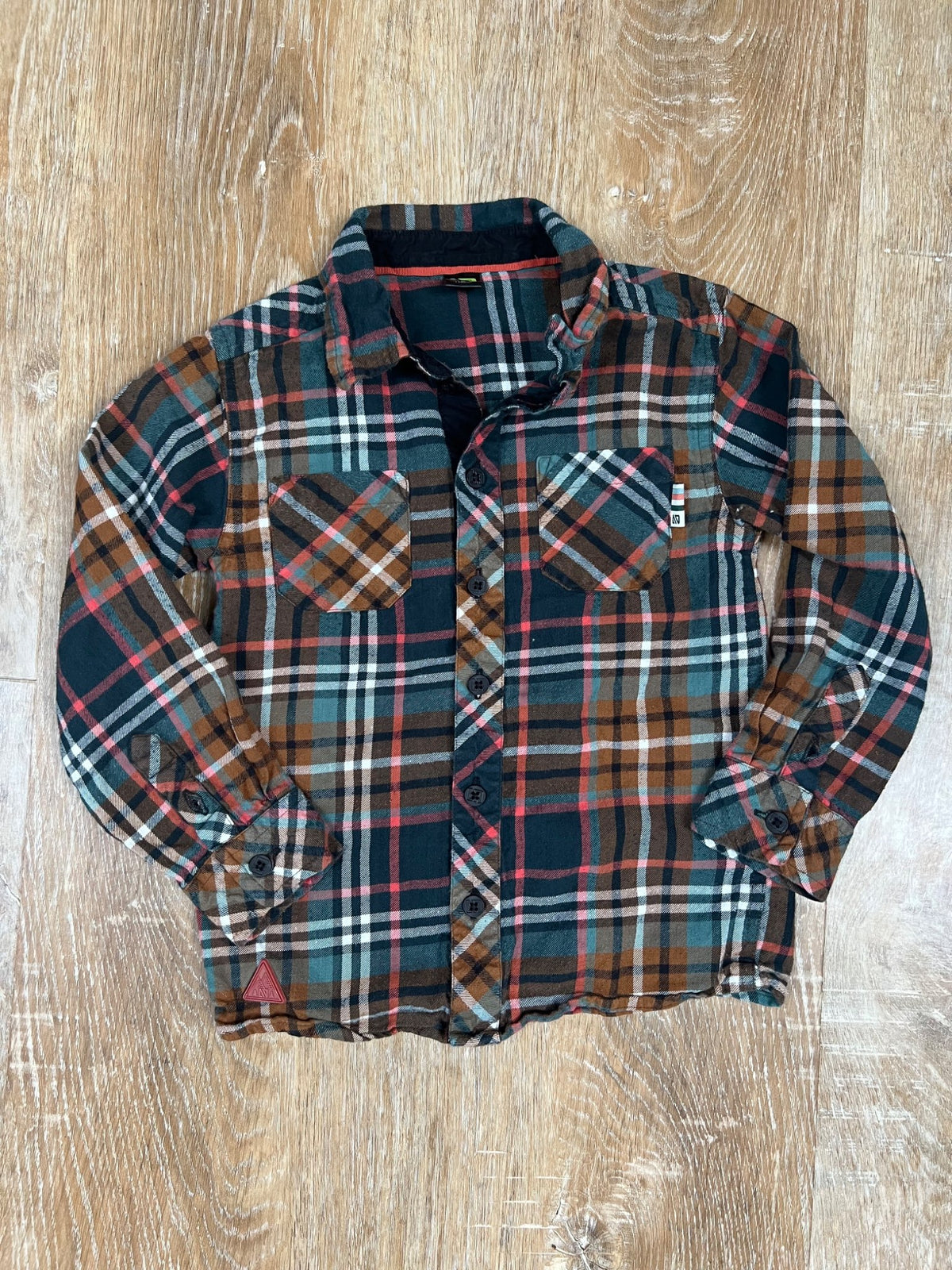 Teal, Orange and Cognac Plaid Shirt with Cognac pants - size 5, Kids 5/5T