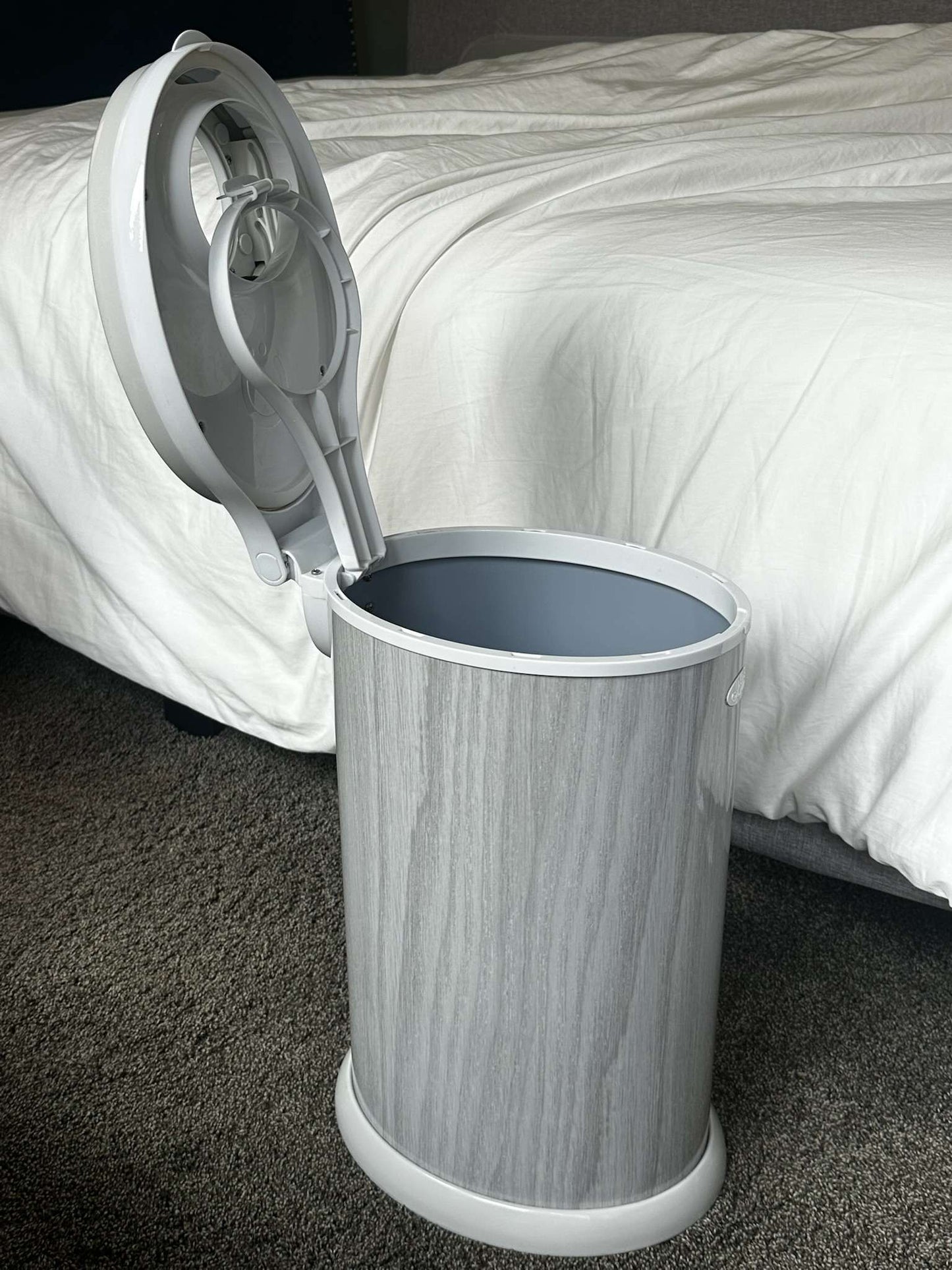 Ubbi steel diaper pail in grey woodgrain finish - Excellent condition!
