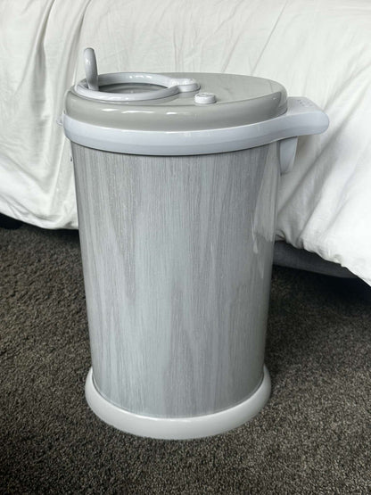 Ubbi steel diaper pail in grey woodgrain finish - Excellent condition!