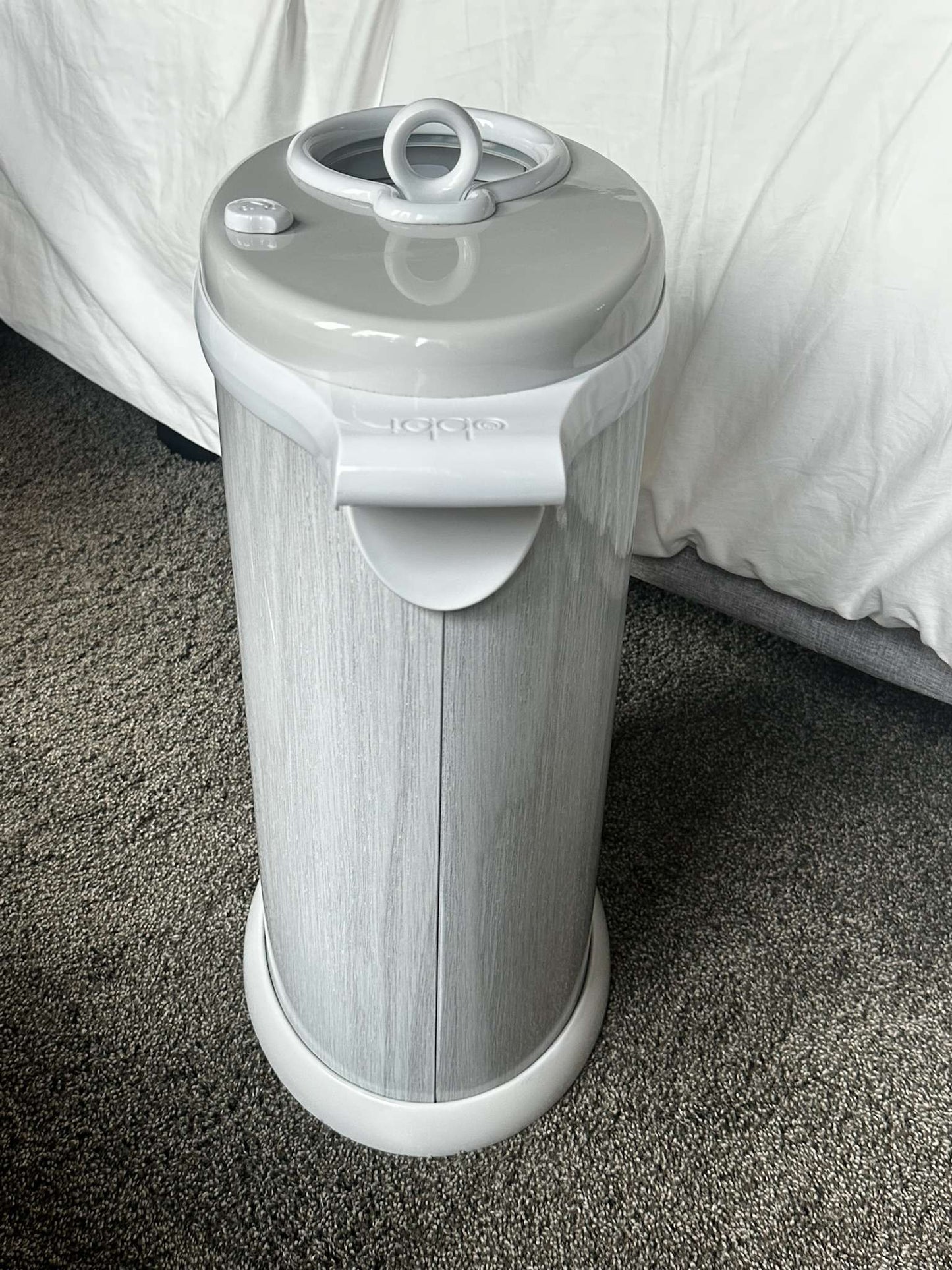 Ubbi steel diaper pail in grey woodgrain finish - Excellent condition!
