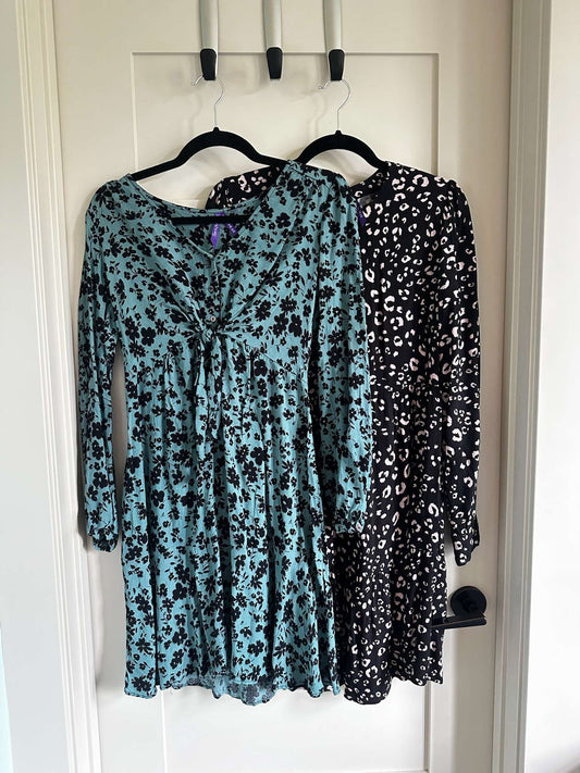 Best Ever Seraphine Maternity Dresses in Small!  One black leopard and one jade with floral print, Maternity S (4-6)