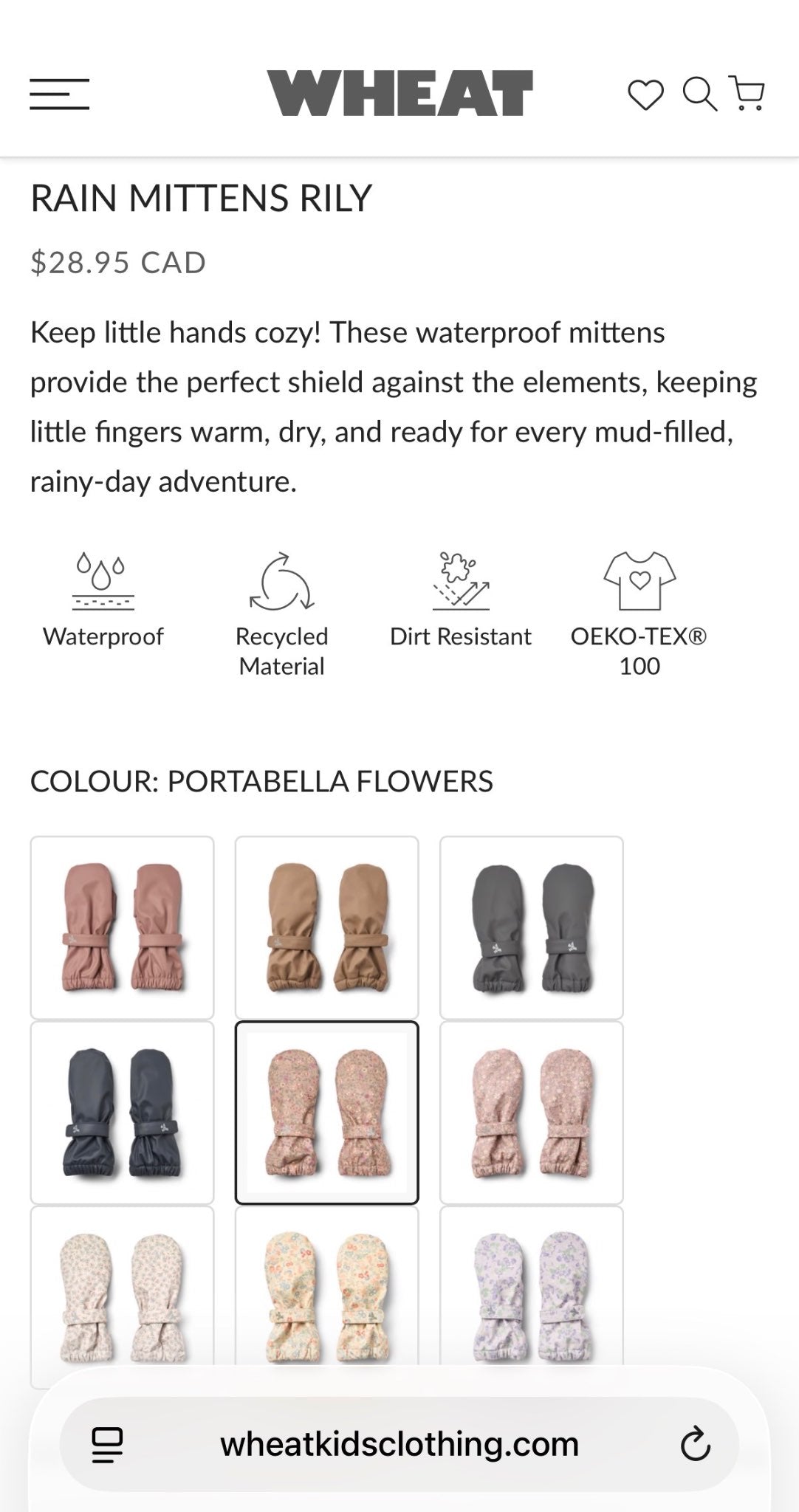 Wheat Brand insulated rain mitts , Kids 6/6X
