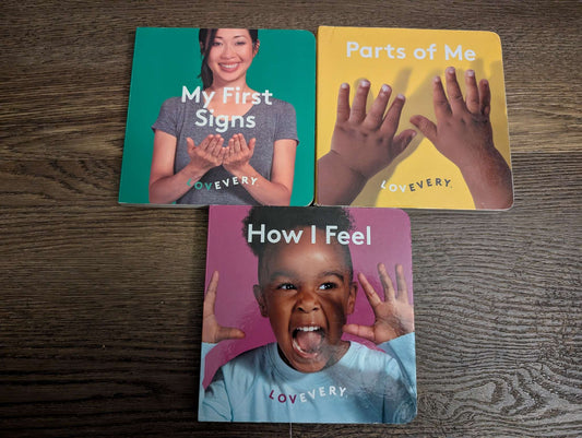 3 x Lovevery baby board book bundle. Parts of Me . My First Signs. How I Feel