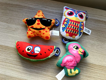 4 New Plush Toys with Tags – Owl, Flamingo, Watermelon & Emoji Star
