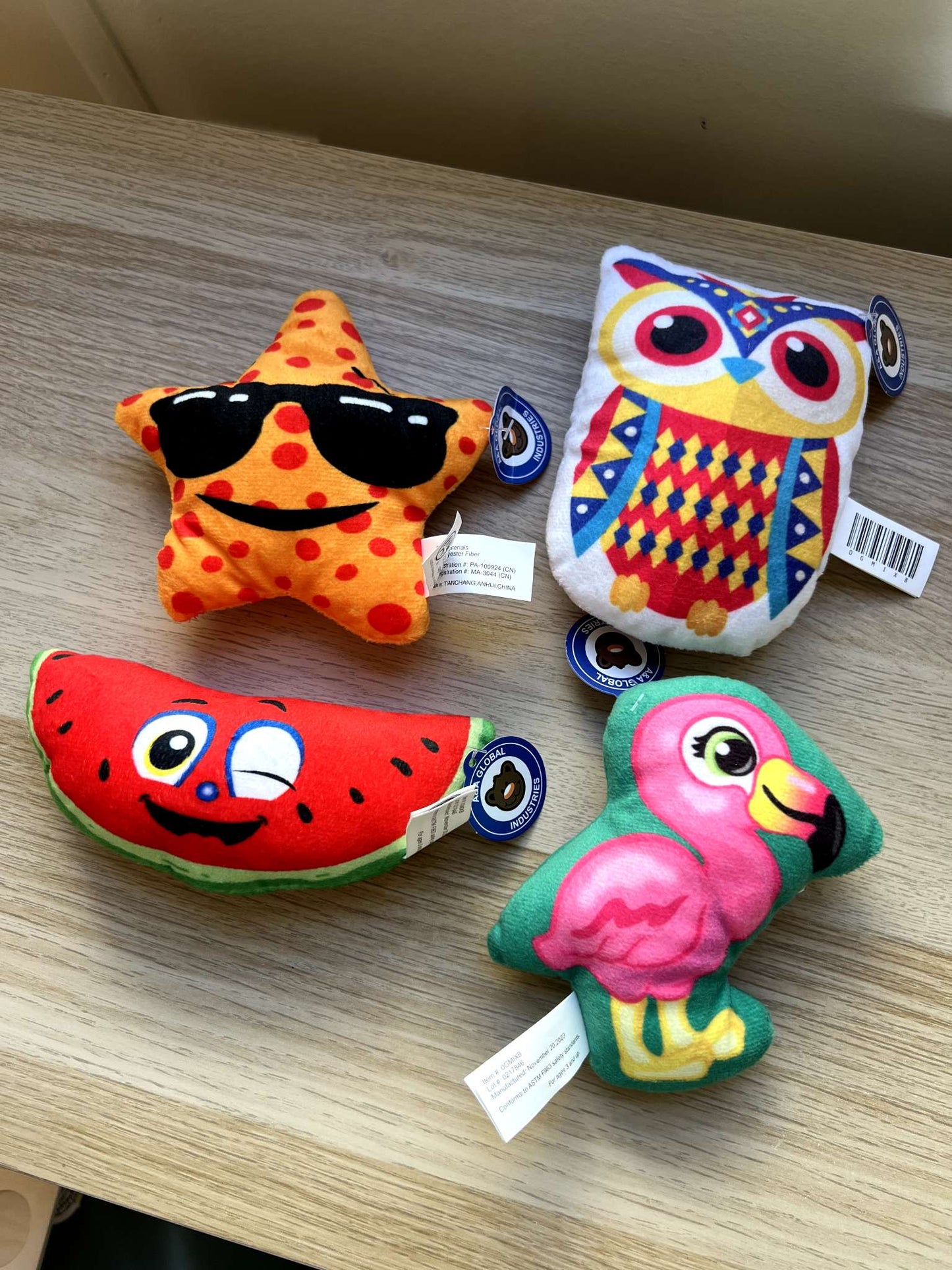 4 New Plush Toys with Tags – Owl, Flamingo, Watermelon & Emoji Star