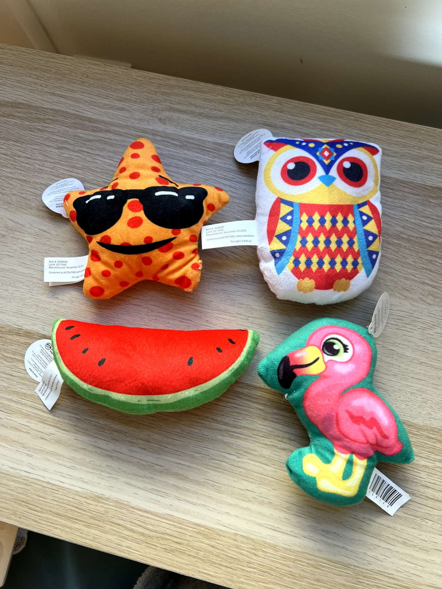 4 New Plush Toys with Tags – Owl, Flamingo, Watermelon & Emoji Star