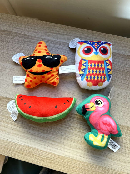 4 New Plush Toys with Tags – Owl, Flamingo, Watermelon & Emoji Star
