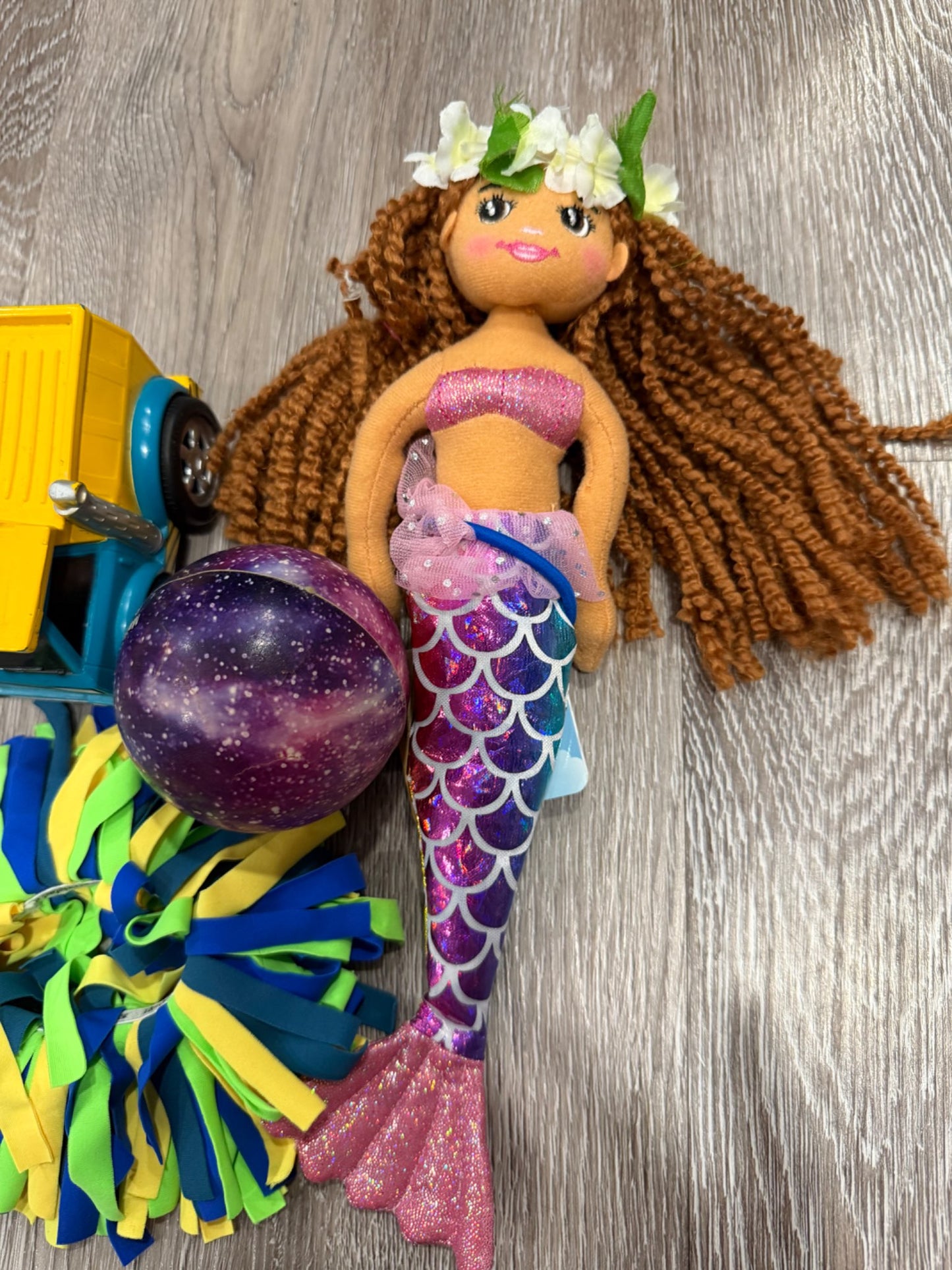 Kid toy and accessory bundle- mermaid, car and hair scrunchie