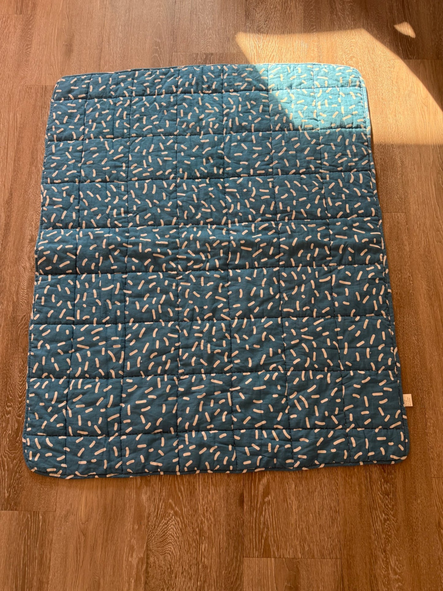 Quilted Blanket- blue and white designs, cream backing