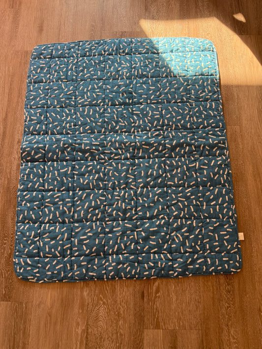 Quilted Blanket- blue and white designs, cream backing