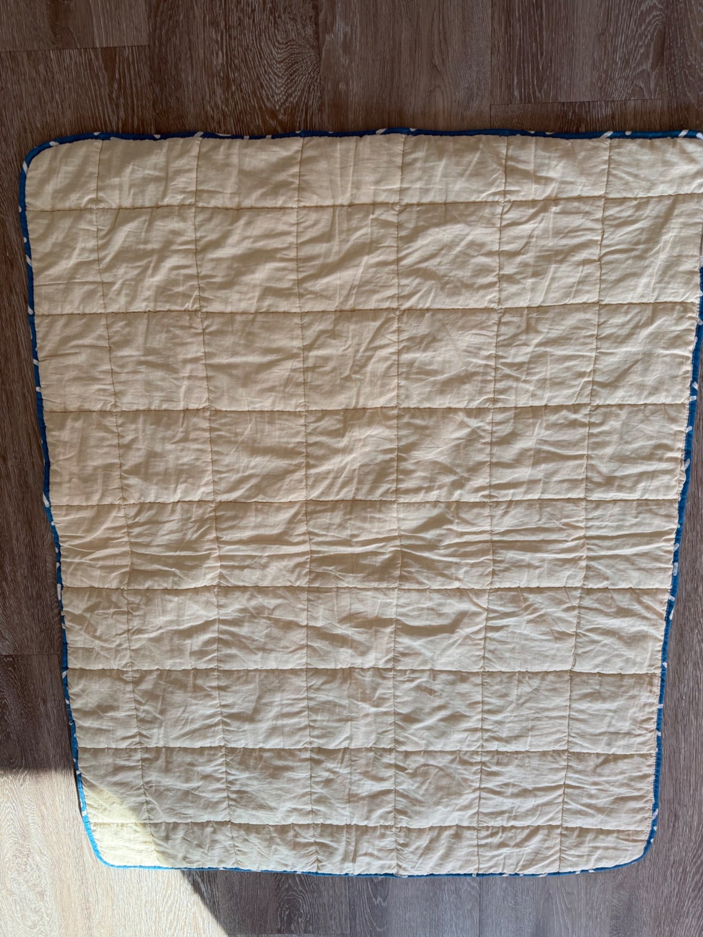 Quilted Blanket- blue and white designs, cream backing