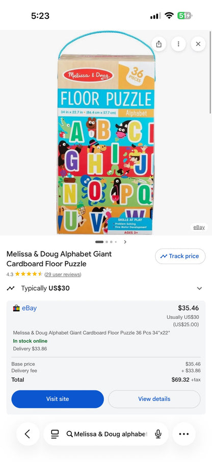 Melissa & Doug Alphabet Floor Puzzle MSRP over $45 Canadian