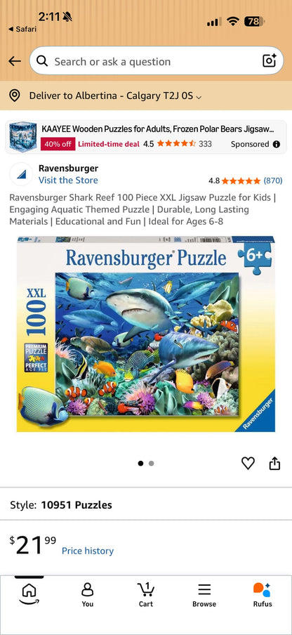 Ravensberger Ocean 100 piece puzzle Amazon MSRP $21.99 Canadian plus taxes and shipping