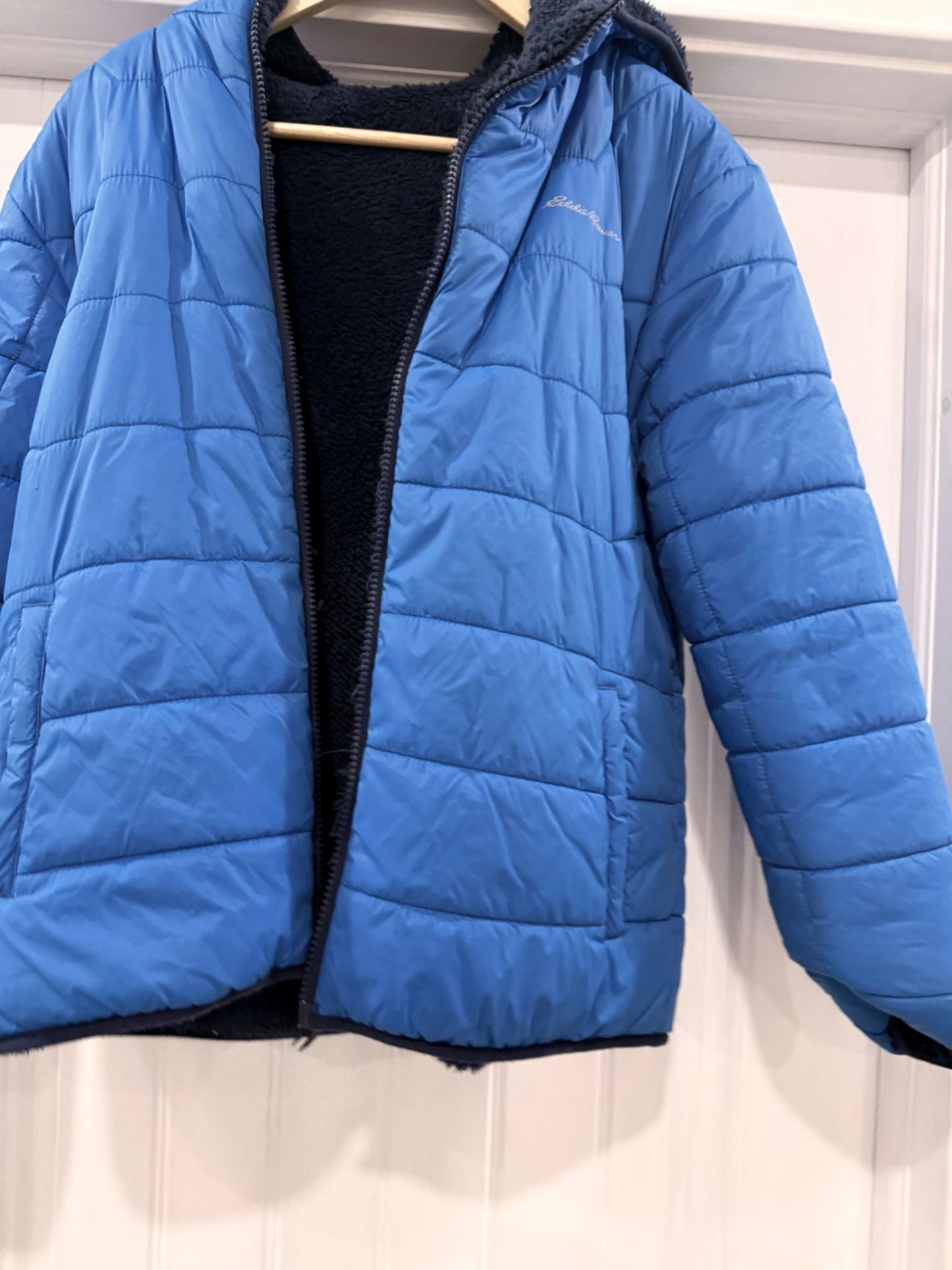 Blue Reversible Eddie Bauer Coat with fuzzy interior, Kids 14