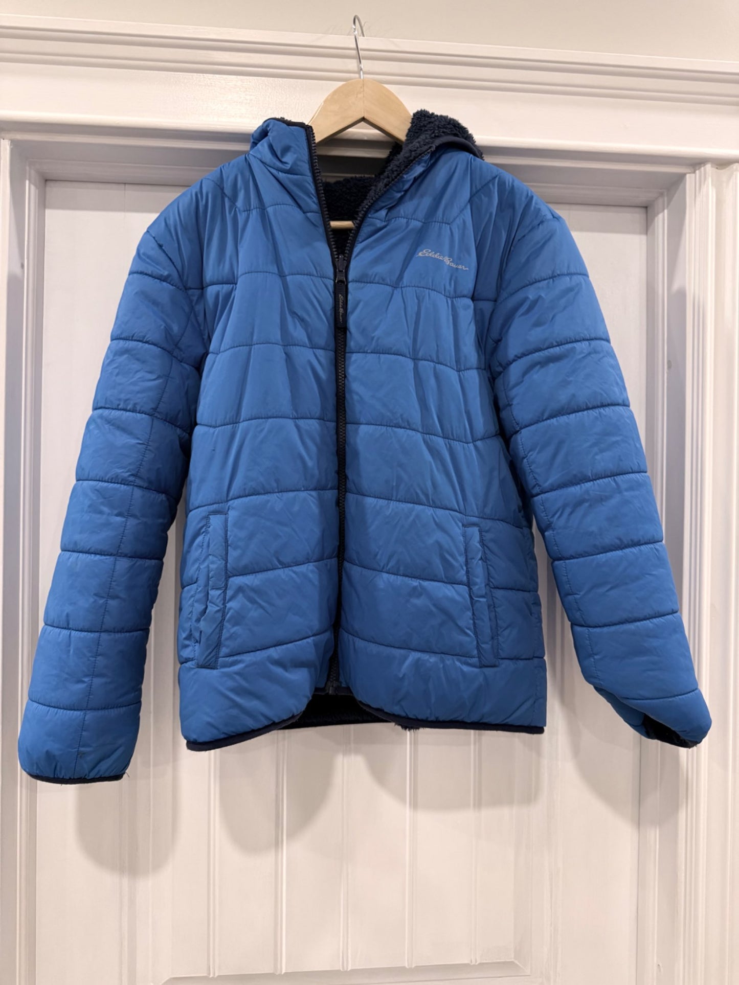 Blue Reversible Eddie Bauer Coat with fuzzy interior, Kids 14