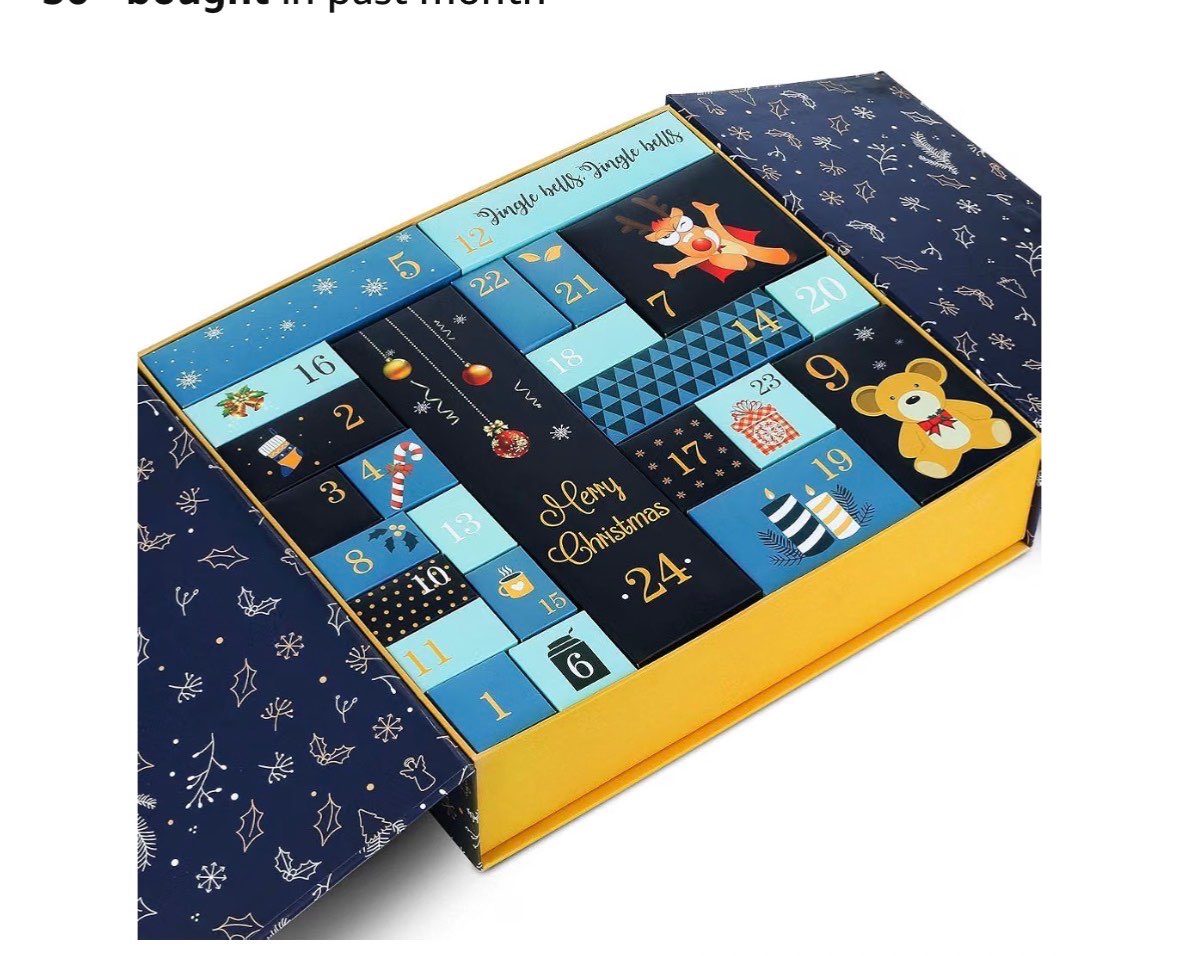 Reusable Advent Calendar with 24 Mixed-Size Cardstock Boxes and Ribbon-Tie Case