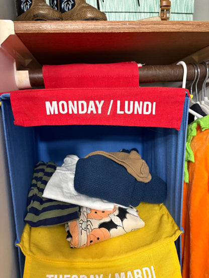 Kids Hanging Weekly Closet Organizer – Bilingual Days of the Week (Monday–Friday + Shoes) EN/FR