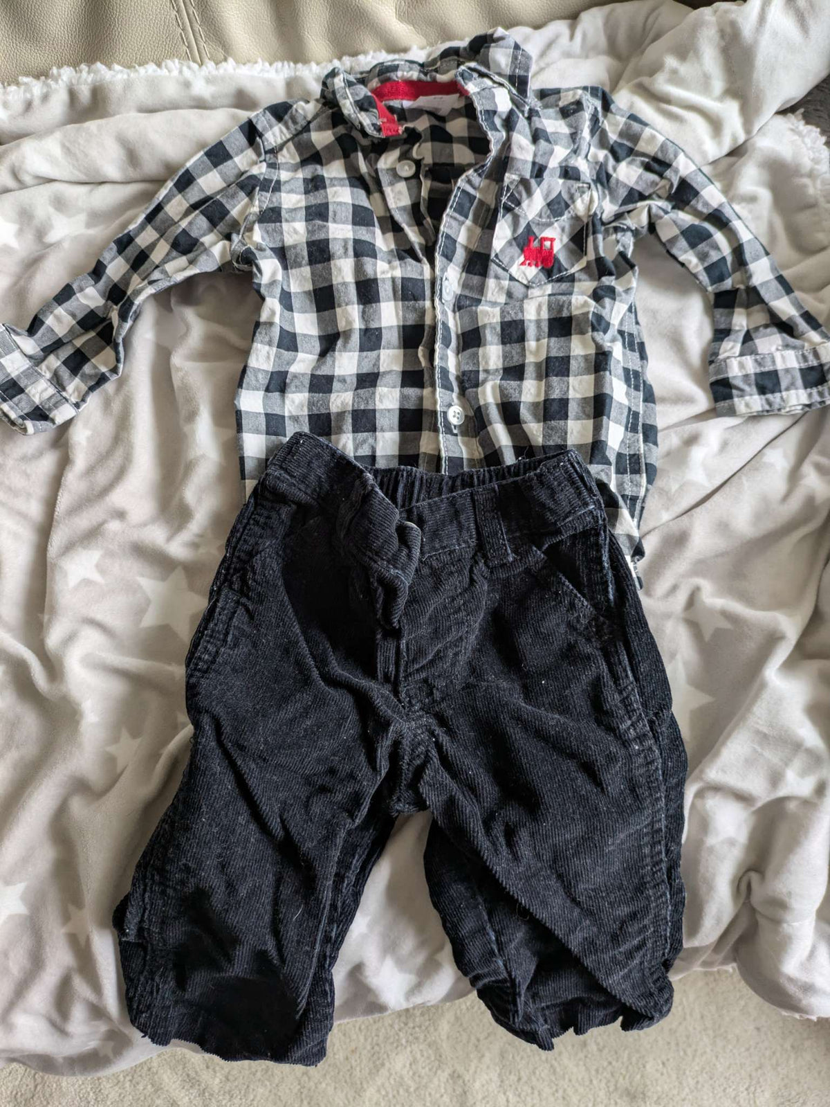 Checkered shirt with train and cordory pants, Kids 6 Month (3-6M)