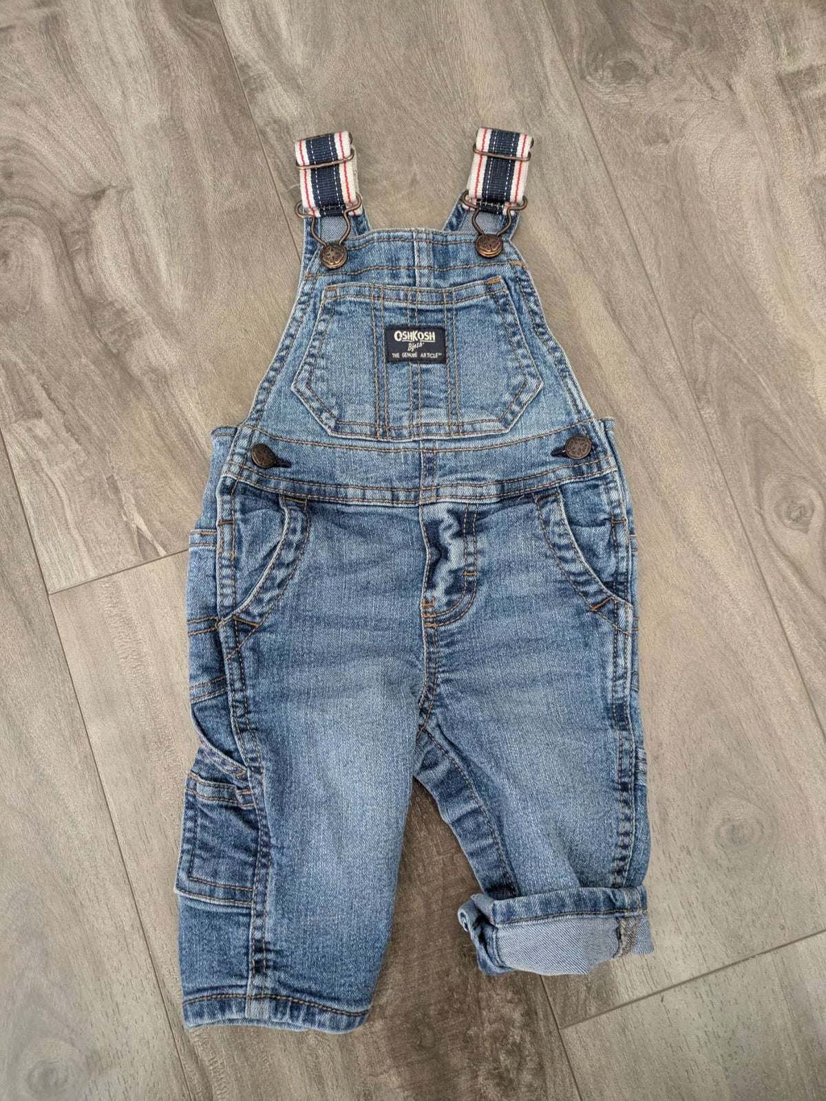 Osh kosh overalls with striped straps, Kids 6 Month (3-6M)