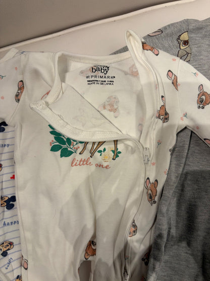 3x Newborn Disney Baby Sleepsuits – Bambi, Thumper & Mickey, Kids Newborn