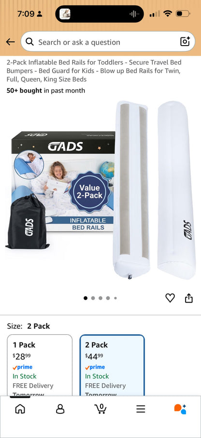 2-pack Inflatable Bed Rails (taken once on holiday) no holes, worked great! Purchased on Amazon for $44.99.
