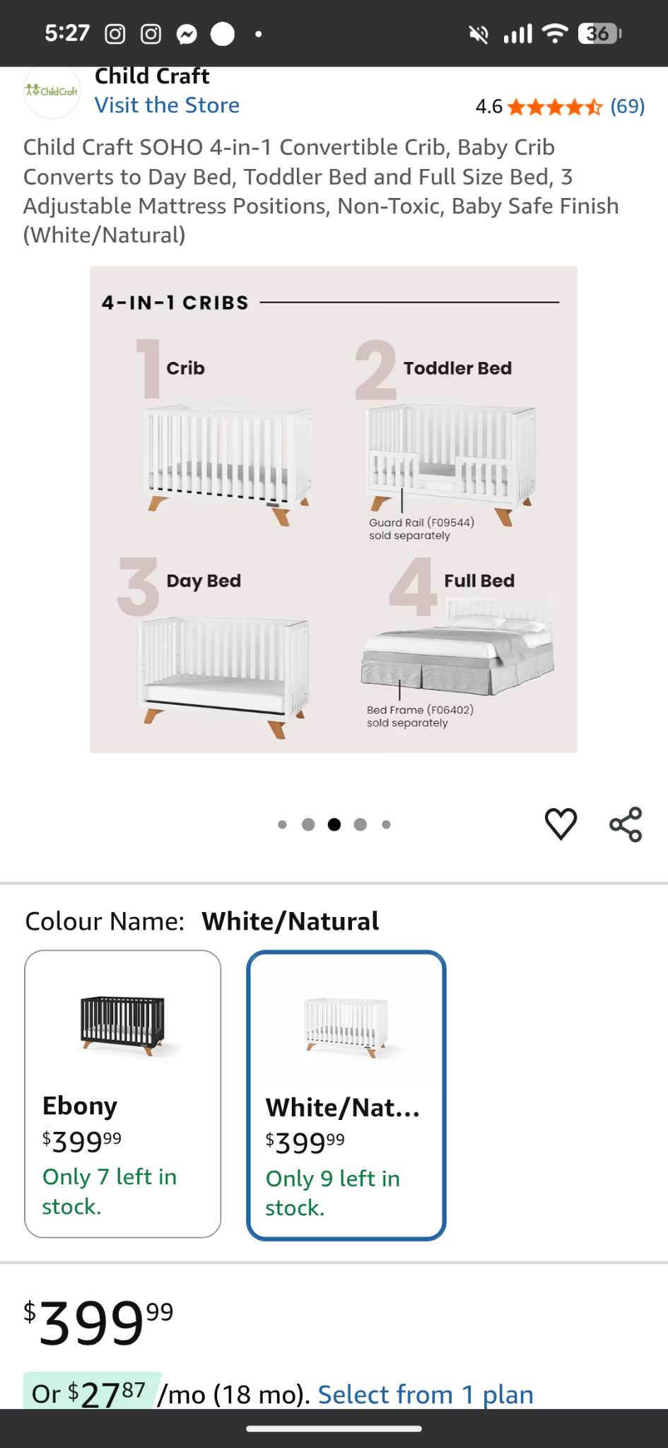 Kidkraft white crib 4 in one